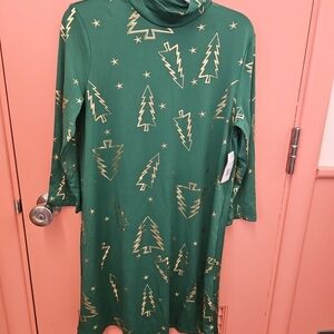 NWT Jollidays Women's Size Small Green Dress Gold Christmas Trees Mock Neck